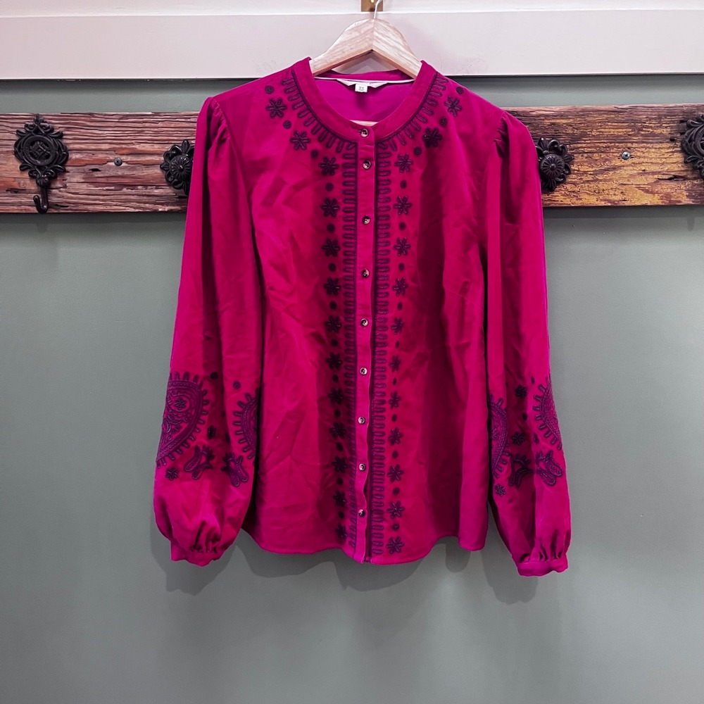 Boden Theodora Cord Magenta Pink Corduroy Embroidered Button Front Blouse US 14